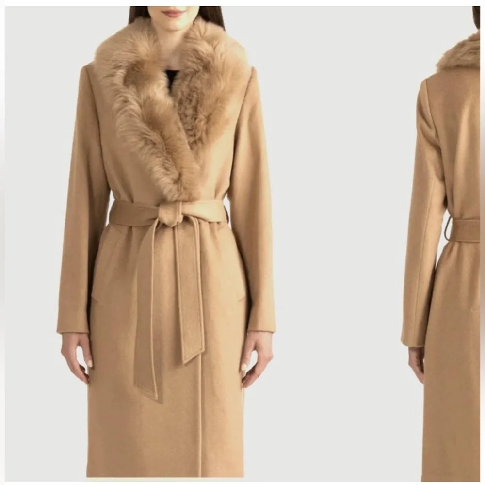 Sofia Cashmere Belted‎ Genuine Shearling Trim Coat NWT 14